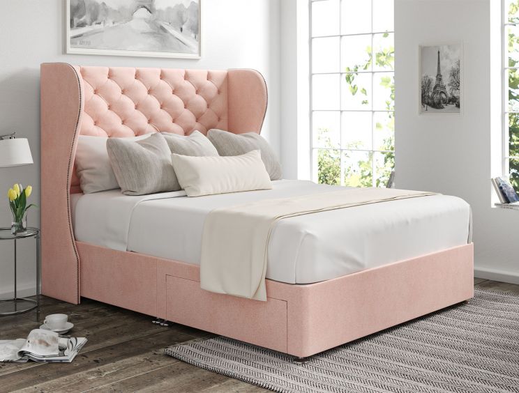 Miami Winged Arlington Candyfloss Upholstered Compact Double Headboard and 2 Drawer Base