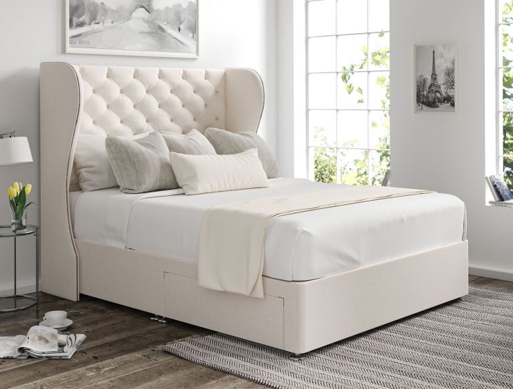 Miami Winged Carina Parchment Upholstered Compact Double Headboard and 2 Drawer Base