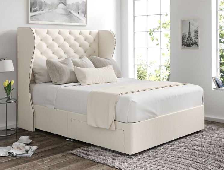 Miami Winged Teddy Cream Upholstered Compact Double Headboard and 2 Drawer Base