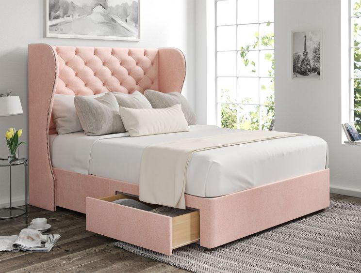Miami Winged Arlington Candyfloss Upholstered King Size Headboard and 2 Drawer Base