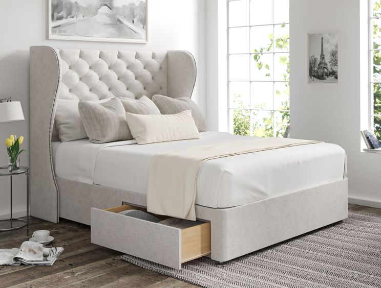 Miami Winged Arlington Ice Upholstered Double Headboard and 2 Drawer Base