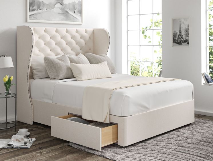 Miami Winged Carina Parchment Upholstered Double Headboard and 2 Drawer Base