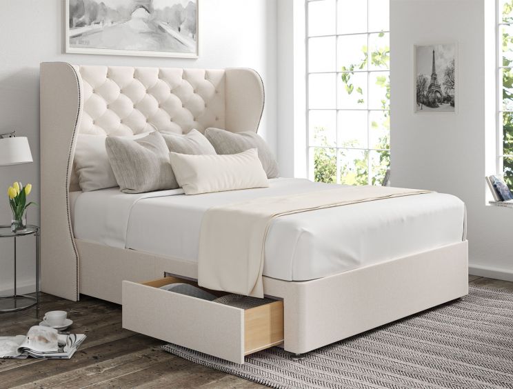 Miami Winged Carina Parchment Upholstered Compact Double Headboard and 2 Drawer Base