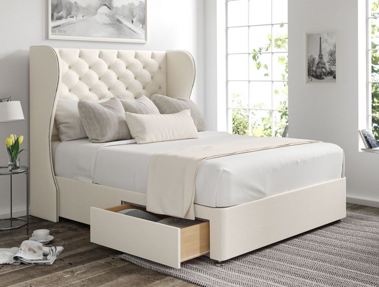 Miami Winged Teddy Cream Upholstered Double Headboard and 2 Drawer Base