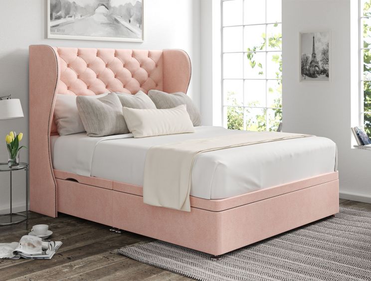 Miami Winged Arlington Candyfloss Upholstered King Size Headboard and Side Lift Ottoman Base