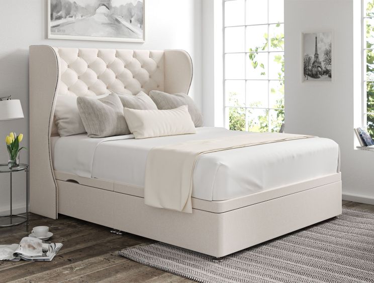 Miami Winged Carina Parchment Upholstered Double Headboard and Side Lift Ottoman Base