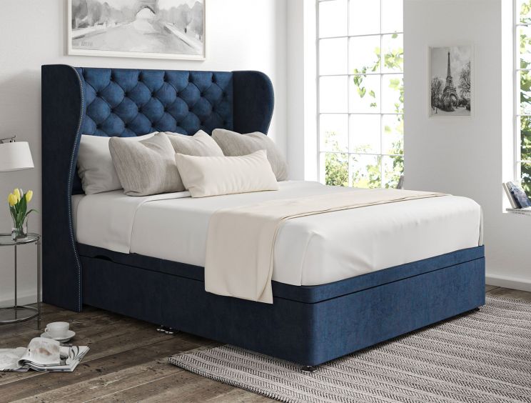 Miami Winged Heritage Royal Upholstered Compact Double Headboard and Side Lift Ottoman Base