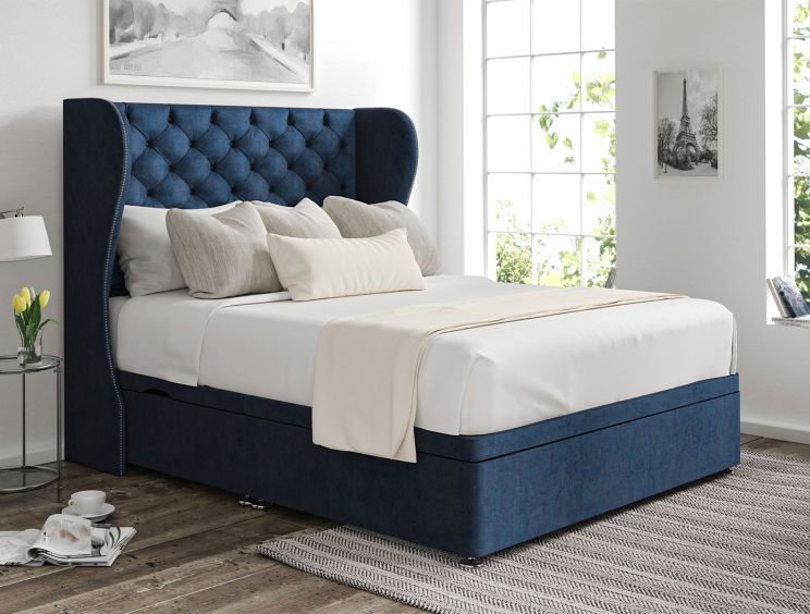 Miami Winged Heritage Royal Upholstered Super King Size Headboard and Side Lift Ottoman Base