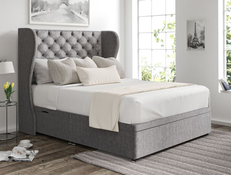 Miami Winged Heritage Steel Upholstered King Size Headboard and Side Lift Ottoman Base
