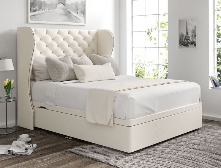 Miami Winged Teddy Cream Upholstered Compact Double Headboard and Side Lift Ottoman Base