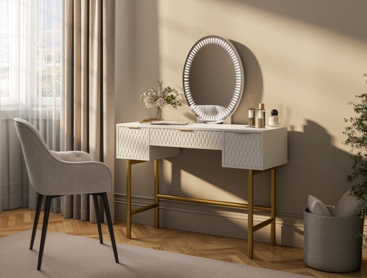 Miami 3 Drawer White and Gold Dressing Table Including Mirror