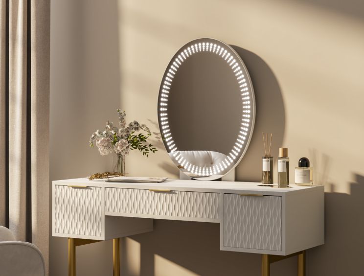 Miami 3 Drawer White and Gold Dressing Table Including Mirror