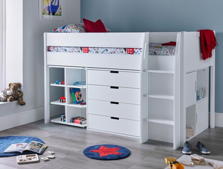 Mid sleeper with desk store and wardrobe