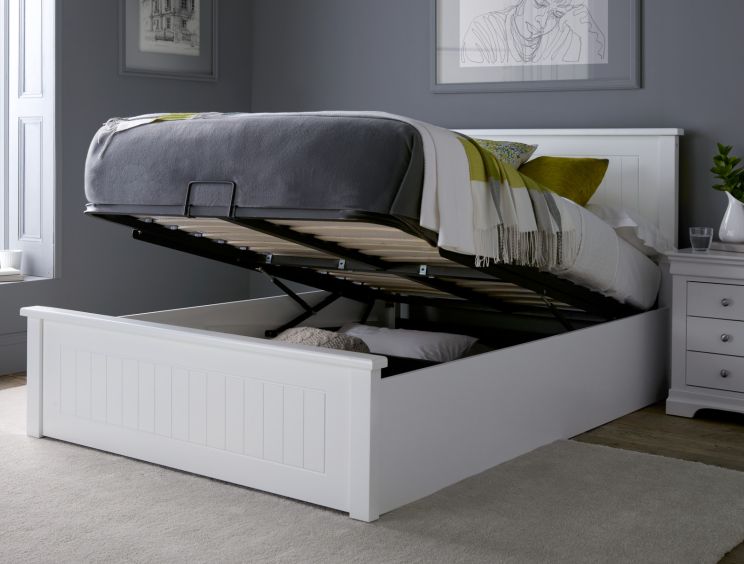 New England White Wooden Ottoman Storage Bed - Double Frame Only