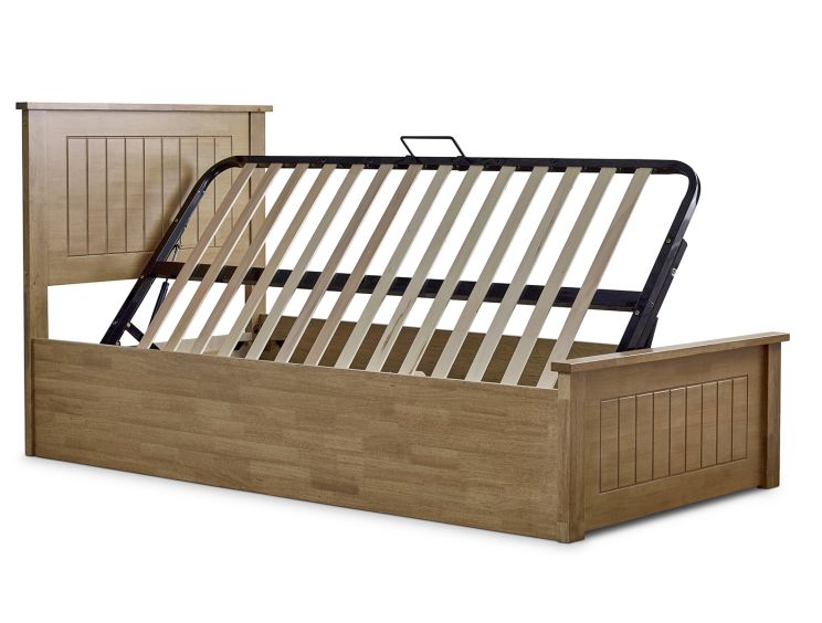 New England Single Oak Finish Ottoman Storage Bed Frame