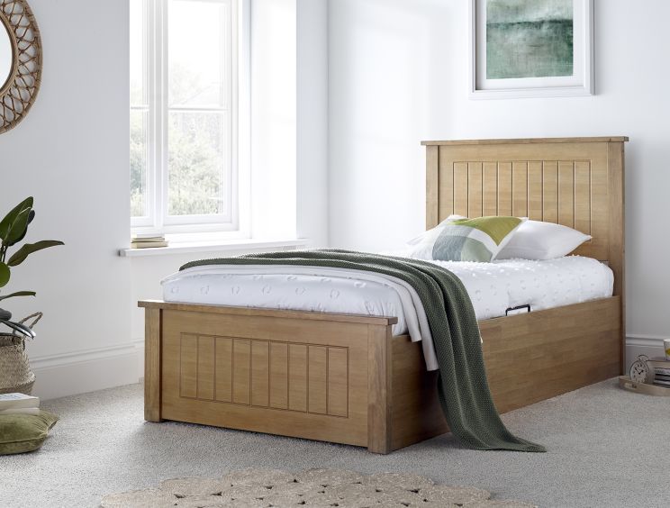 New England Single Oak Finish Ottoman Storage Bed Frame