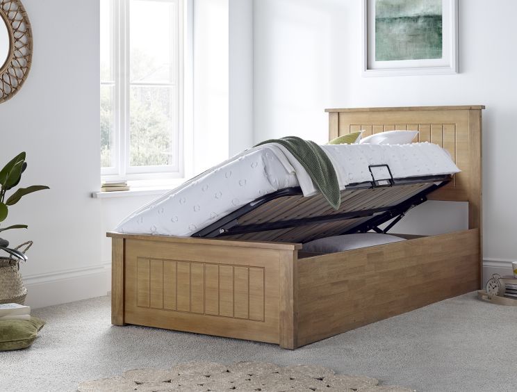 New England Single Oak Finish Ottoman Storage Bed Frame