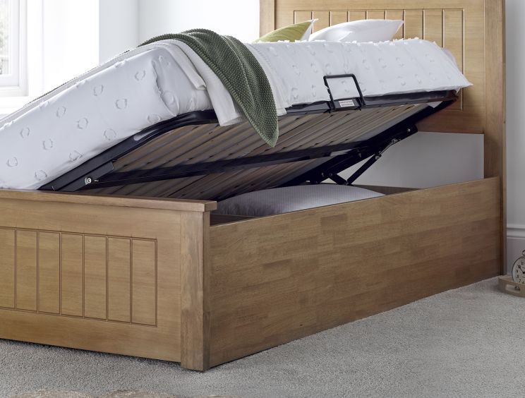 New England Single Oak Finish Ottoman Storage Bed Frame