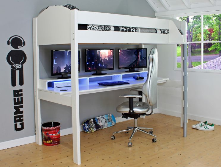 Noah White High Sleeper Bed Frame With Gaming Desk