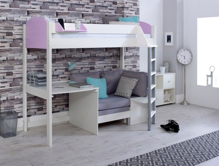 Noah White High Sleeper Bed Frame With Grey Futon - Pink