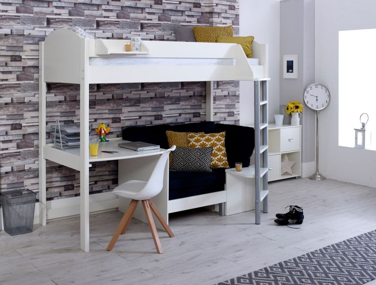 Noah White High Sleeper Bed Frame With Black Futon