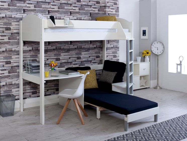Noah White High Sleeper Bed Frame With Black Futon