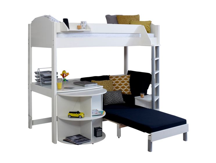 Noah White High Sleeper Bed Frame With Desk & Black Futon