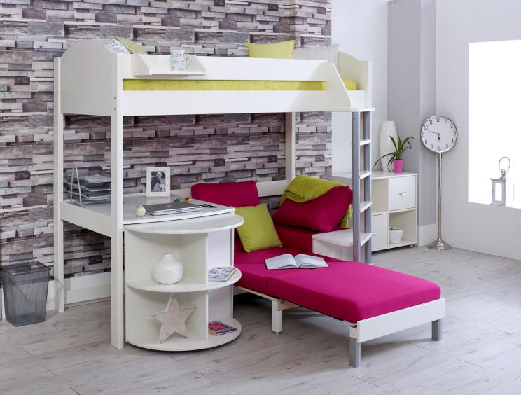 Noah White High Sleeper Bed Frame With Desk & Pink Futon