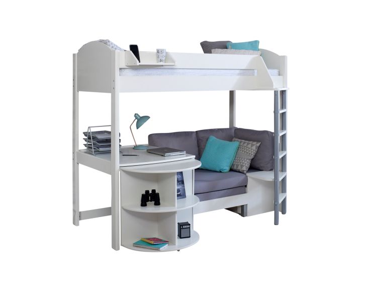 Noah White High Sleeper Bed Frame With Desk & Grey Futon