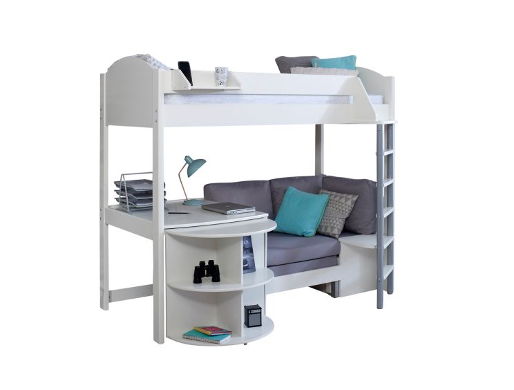 Noah White High Sleeper Bed Frame With Desk & Grey Futon