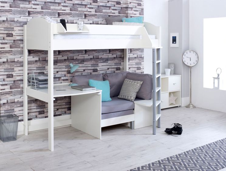 Noah White High Sleeper Bed Frame With Silver Futon