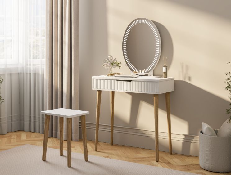 Oslo 1 Drawer White Dressing Table and Stool Including Mirror - Oak Finish Legs
