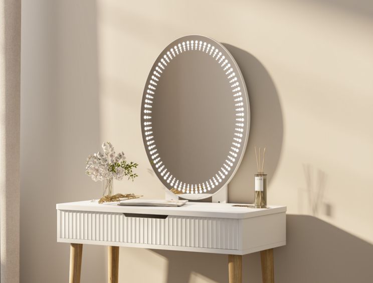 Oslo 1 Drawer White Dressing Table and Stool Including Mirror - Oak Finish Legs