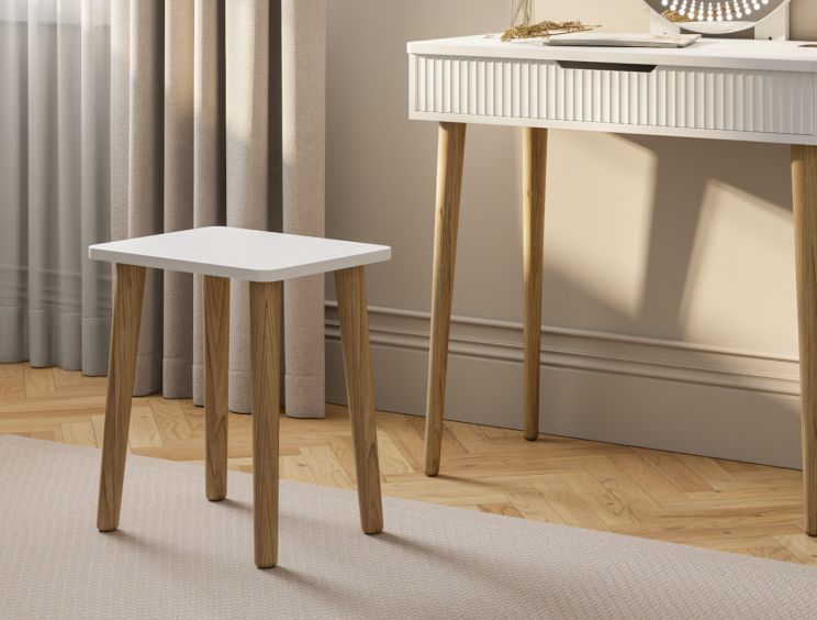 Oslo 1 Drawer White Dressing Table and Stool Including Mirror - Oak Finish Legs