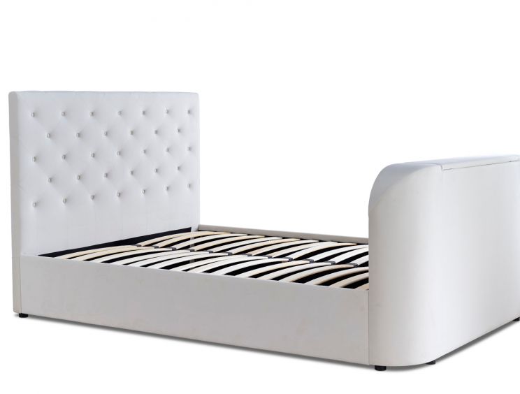 Rhea Upholstered TV Bed Natural Velvet - Double Size Bed Frame Only