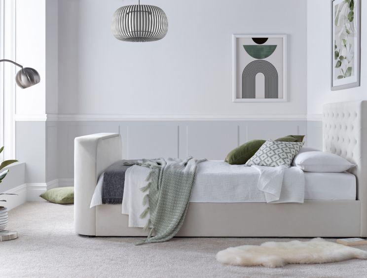 Rhea Upholstered TV Bed Natural Velvet - King Size Bed Frame Only