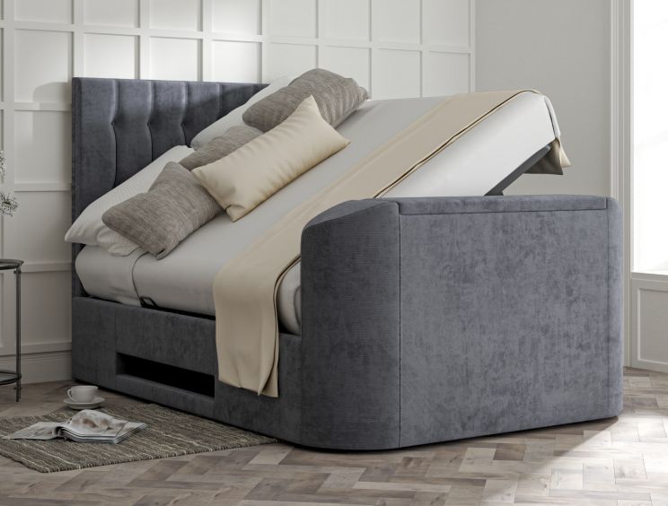 Dorchester Upholstered Hugo Platinum Ottoman TV Bed - King Size Bed Frame Only