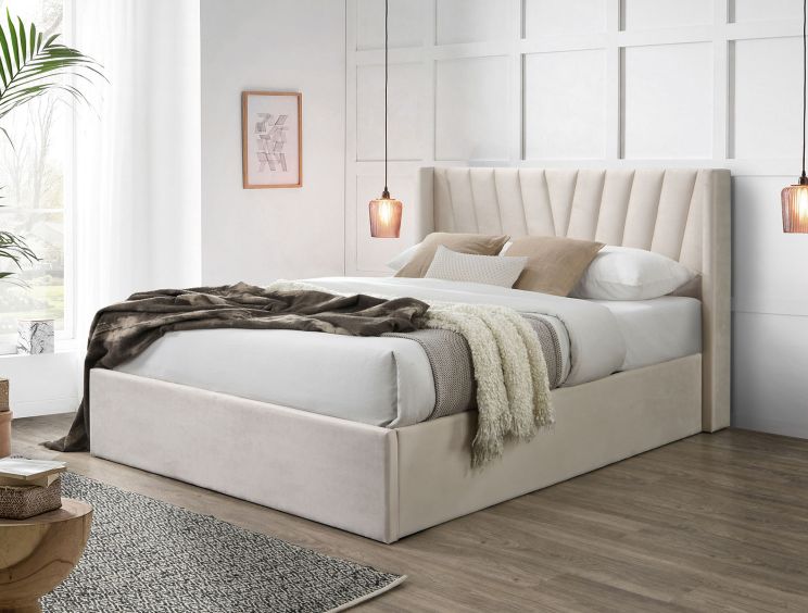 Salerno Beige Winged Ottoman Upholstered King Size Bed Frame