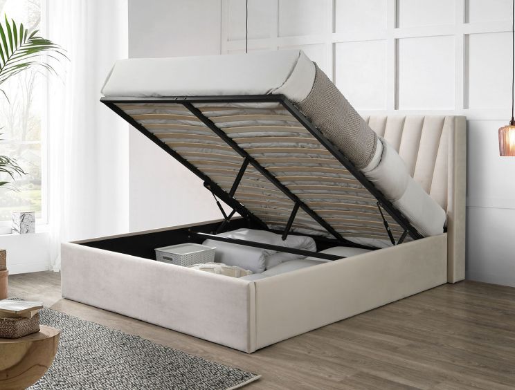 Salerno Beige Winged Ottoman Upholstered King Size Bed Frame