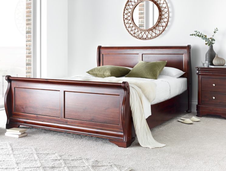 Toulouse Wooden Sleigh Bed - Mahogany Finish - King Size Bed Frame Only