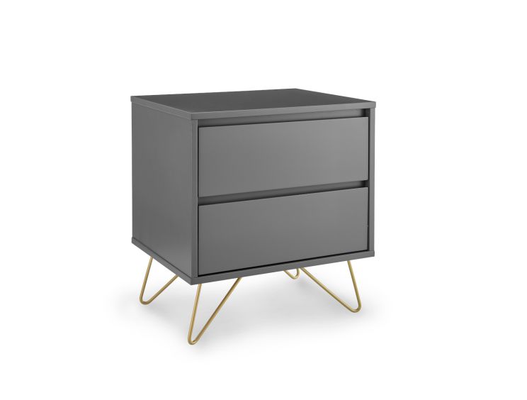 Sofia 2 Drawer Bedside Steel Grey With Brass Steel Feet