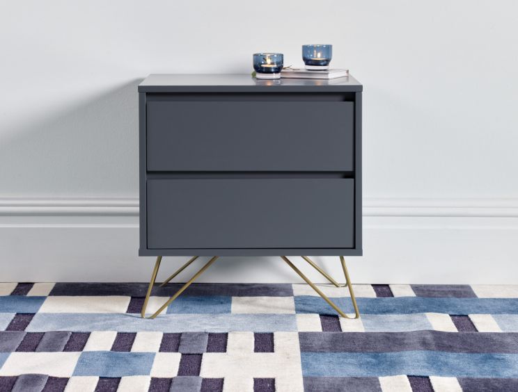 Sofia 2 Drawer Bedside Steel Grey With Brass Steel Feet