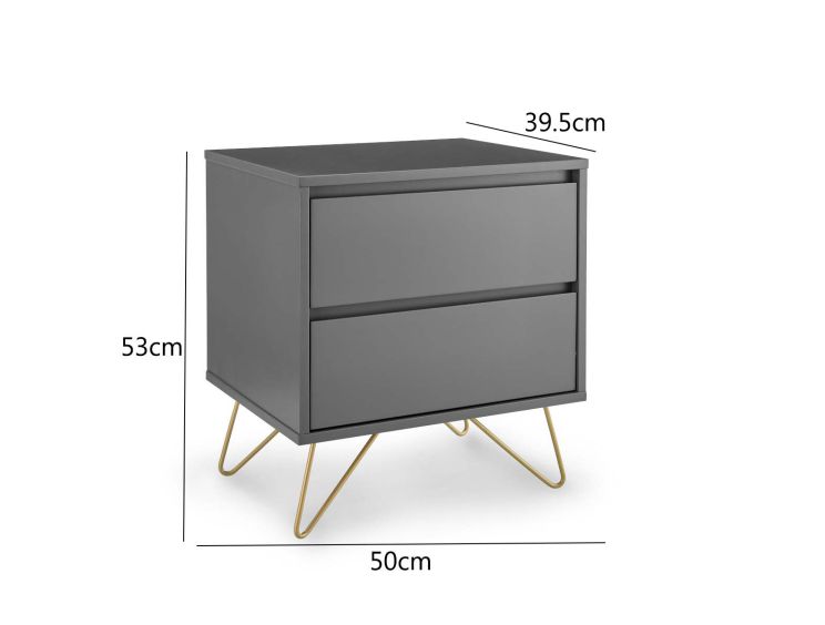 Sofia 2 Drawer Bedside Steel Grey With Brass Steel Feet