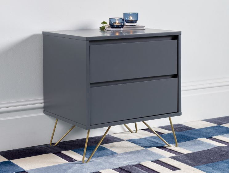 Sofia 2 Drawer Steel Grey Bedside With Brass Steel Feet