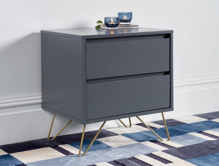 Sofia 2 Drawer Bedside Steel Grey With Brass Steel Feet