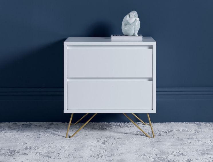 Sofia 2 Drawer Bedside White With Brass Steel Feet