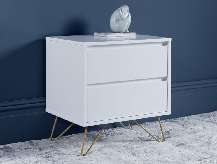 Sofia 2 Drawer White Bedside With Brass Steel Feet