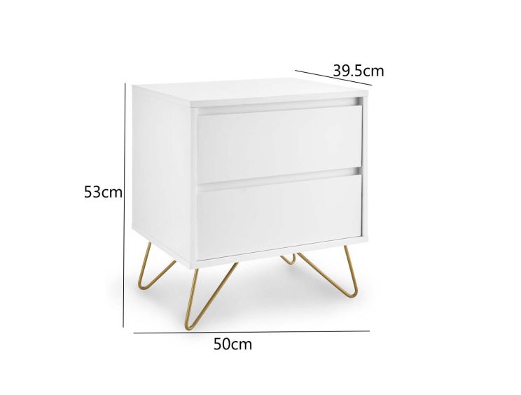 Sofia 2 Drawer Bedside White With Brass Steel Feet