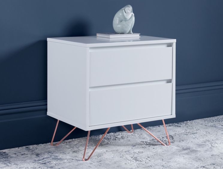 Sofia 2 Drawer White Bedside With Pink Copper Feet