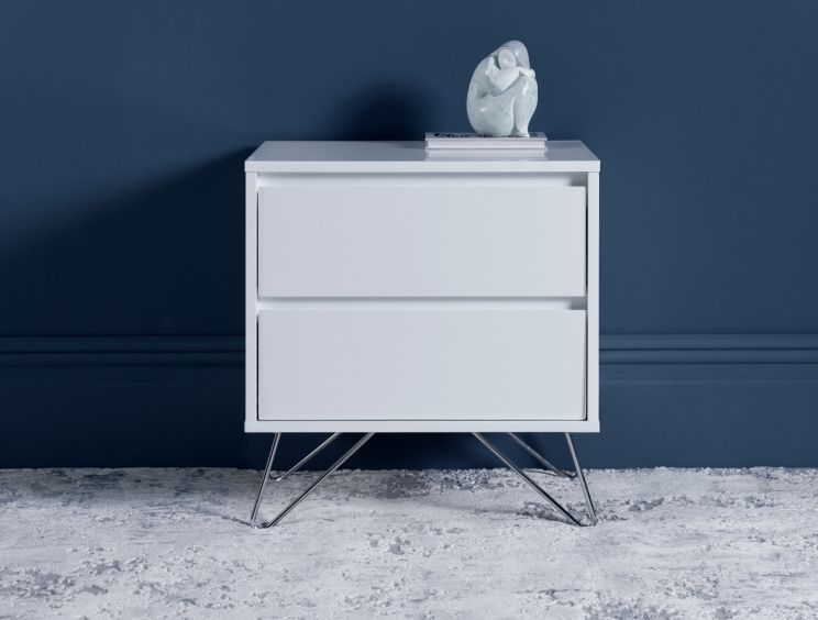 Sofia 2 Drawer Bedside White With Stainless Steel Feet